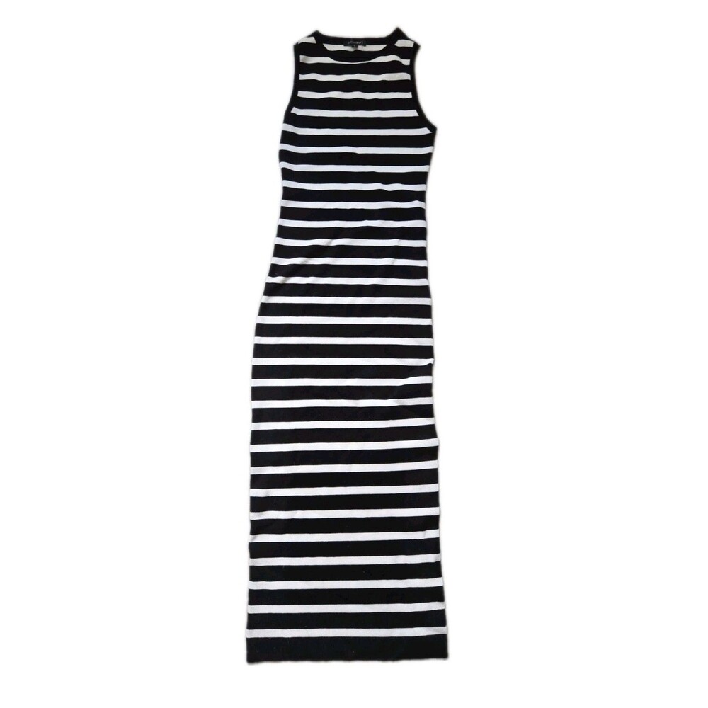 Papermoon Black White Striped Sleeveless Knit Maxi Dress Side Slit Size S EUC